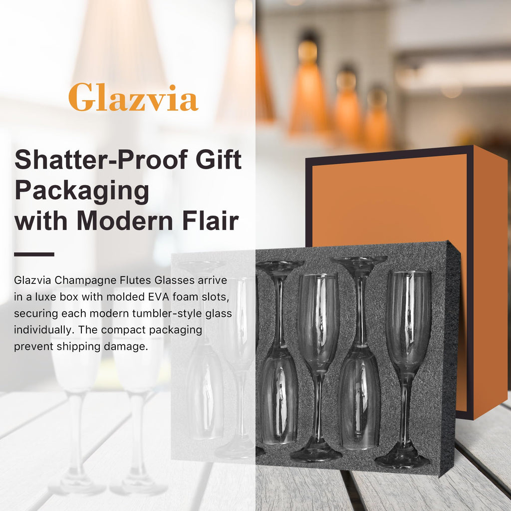 GLAZVIA Champagne Flutes Glasses Set of 6-6oz Elegant Crystal Glass, Classic Long Stem Clear Champagne Flute Gift for Wedding, Anniversaries, Parties, Birthday, Restaurant, Home Bar