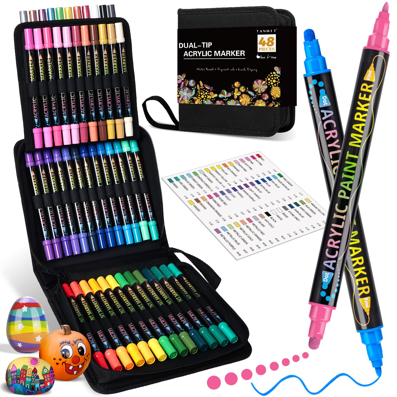 48 Colors Acrylic Paint Markers，Premium Acrylic Paint Pens with Dot Tip and Fine Tip for Rock Painting, Glass, Wood, Fabric, Metal, Plastic, Paper, Canvas, Making Art Supplies for Adults