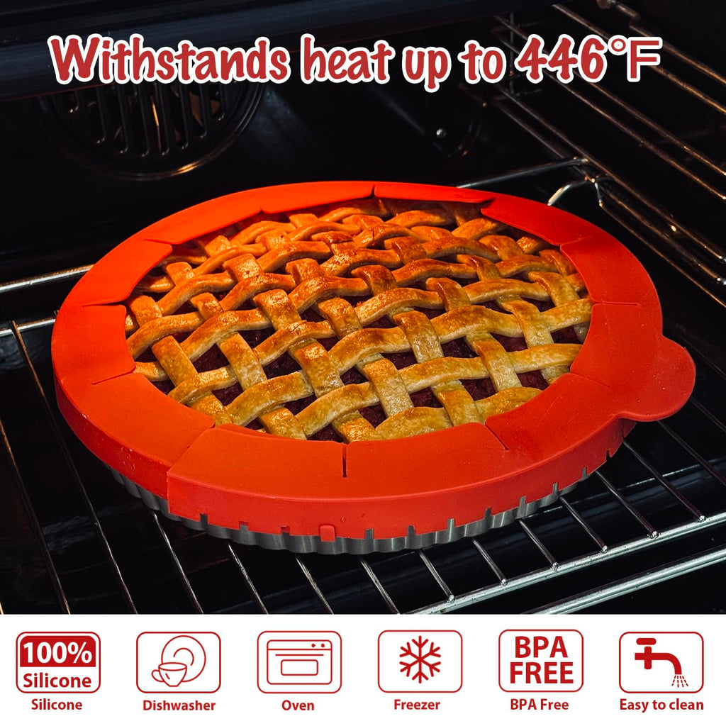 Webake Pie Crust Protector Shield Adjustable Pie Crust Shield Fits 11.5-9 Inch Pie Pan, European Food Grade Silicone Pinch Test Passed, Pack of 2, Red and Grey
