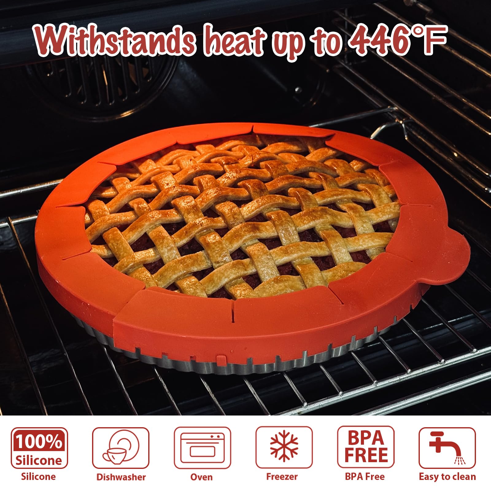 Webake Pie Crust Protector Shield Adjustable Pie Crust Shield Fits 11.5-9 Inch Pie Pan, European Food Grade Silicone Pinch Test Passed, Pack of 2, Red and Grey