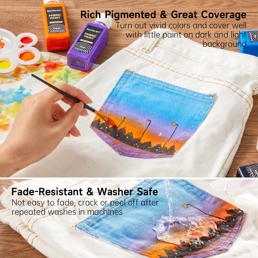 Shuttle Art Fabric Paint, 18 Colors Permanent Soft Fabric Paint in Bottles (60ml/2oz) with Brushes, Palette, Stencils, Textile Paint for T-Shirts, Shoes, Jeans, Bags, DIY Projects & Art Crafts