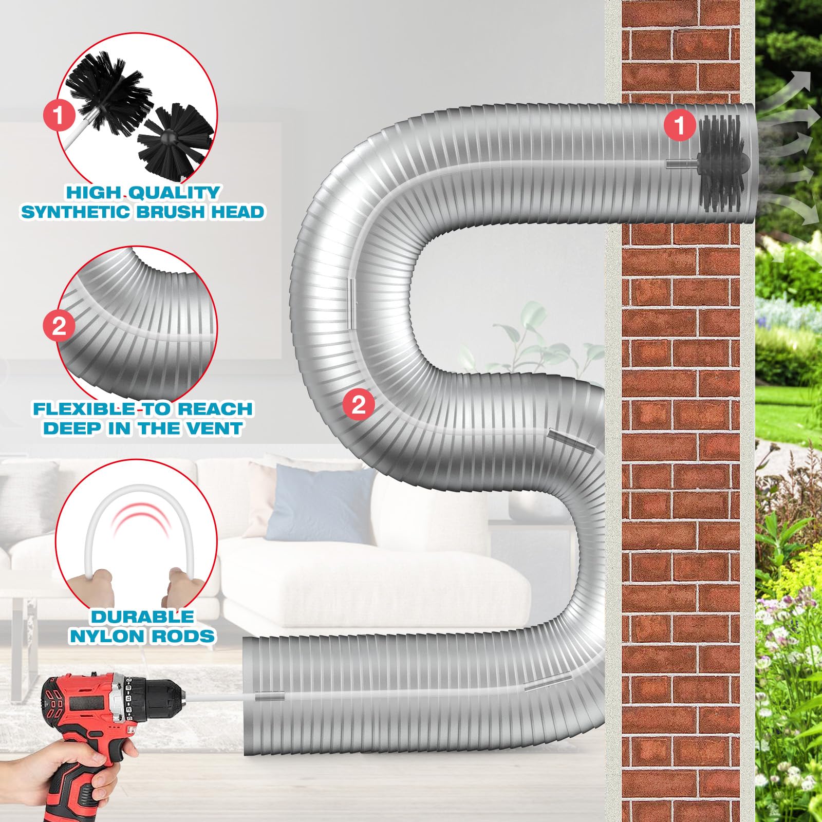 Sealegend 30 Feet Dryer Vent Cleaning Brush, Flexible Lint Brush with Drill Attachment, Upgraded Quick Snap Rods Extends Up to 30 Feet for Faster Cleaning
