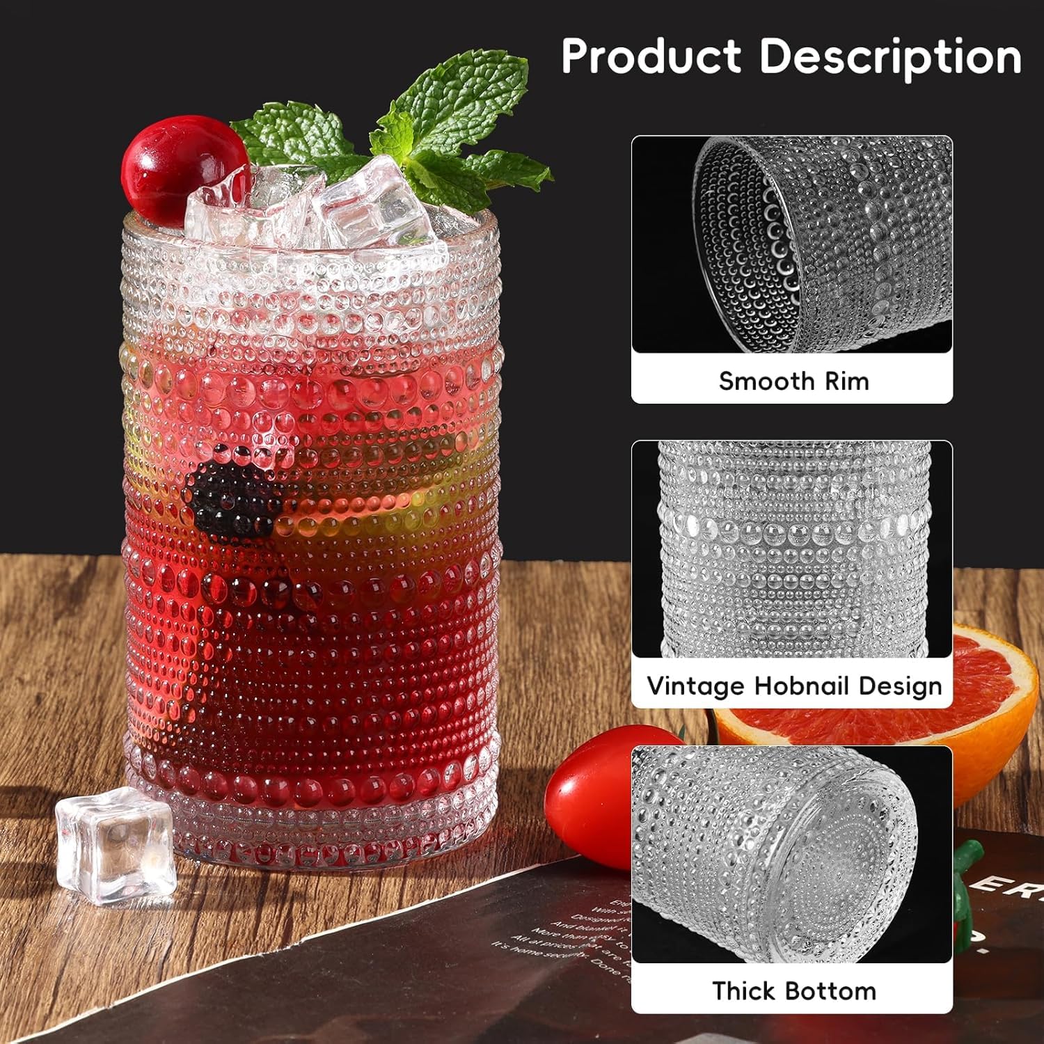 Hobnail Drinking Glasses Set of 8, 12 Oz Highball Glasses & 10 Oz Cocktail Glasses, Clear Embossed Boho Glass Cups Kitchen Bar Tumbler Glassware Set for Whiskey, Beer, Juice, Milk