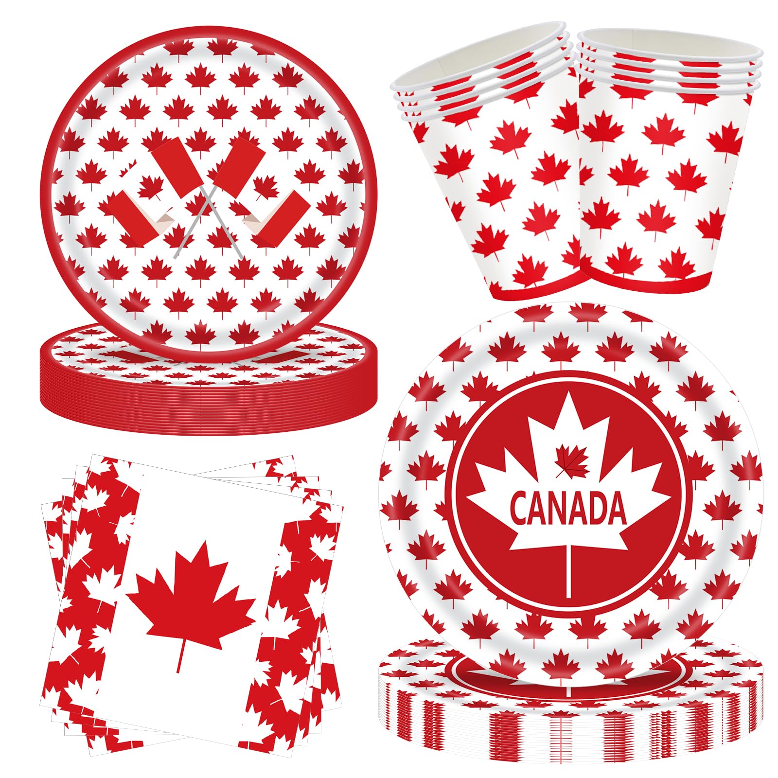 SINGOMON 96PCS Canadian Flag Plates and Cutlery Set Canada Day Dinnerware Set Dinner Plates Disposable Paper Plate Party Cups Paper Napkins for 1th of July Canadian National Day Canada Day Decorations