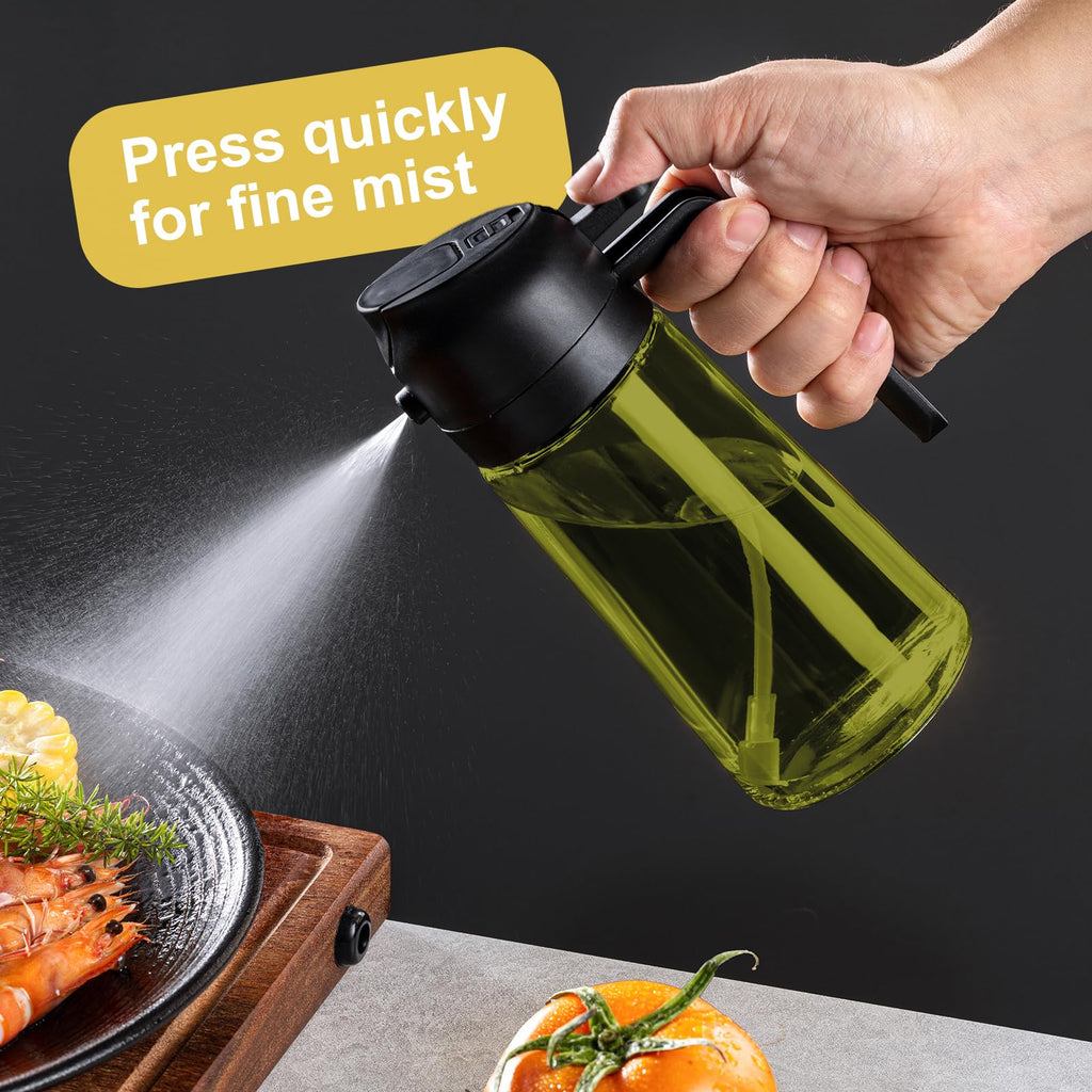 CXINYI 16oz/470ml Olive Oil Dispenser Bottle – 2 in 1 Olive Oil Spray Bottle, Air Fryer & Salad, Light-Proof Glass Kitchen Gadgets, Black&Green