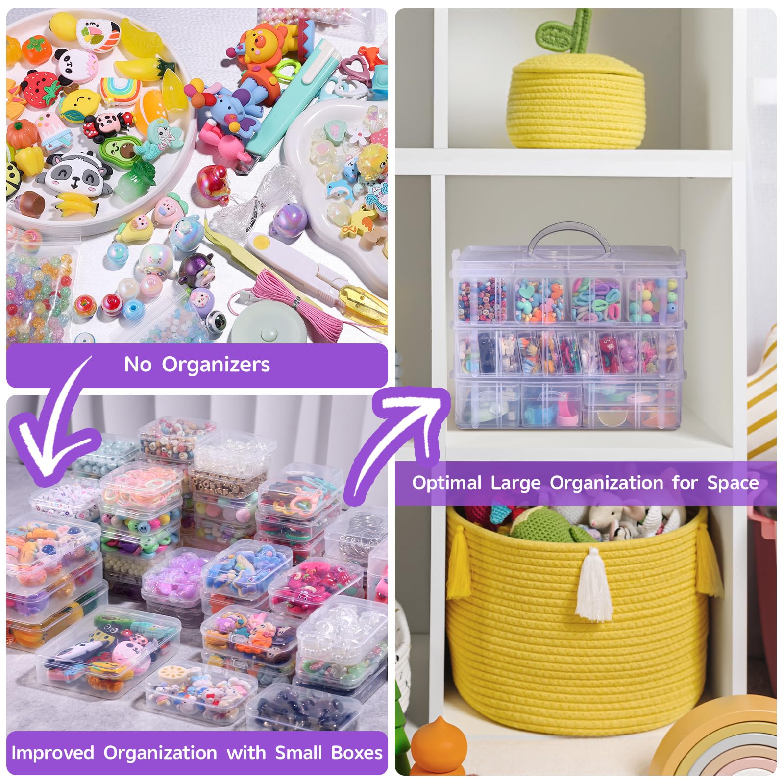 Funtopia 59 Pack Craft Storage Organizer, 3-Tier Stackable Clear Plastic Storage Box Set with 56 Pcs 4-Size Small Bead Organizers, Ideal for Crafts, Jewelry and Small Parts