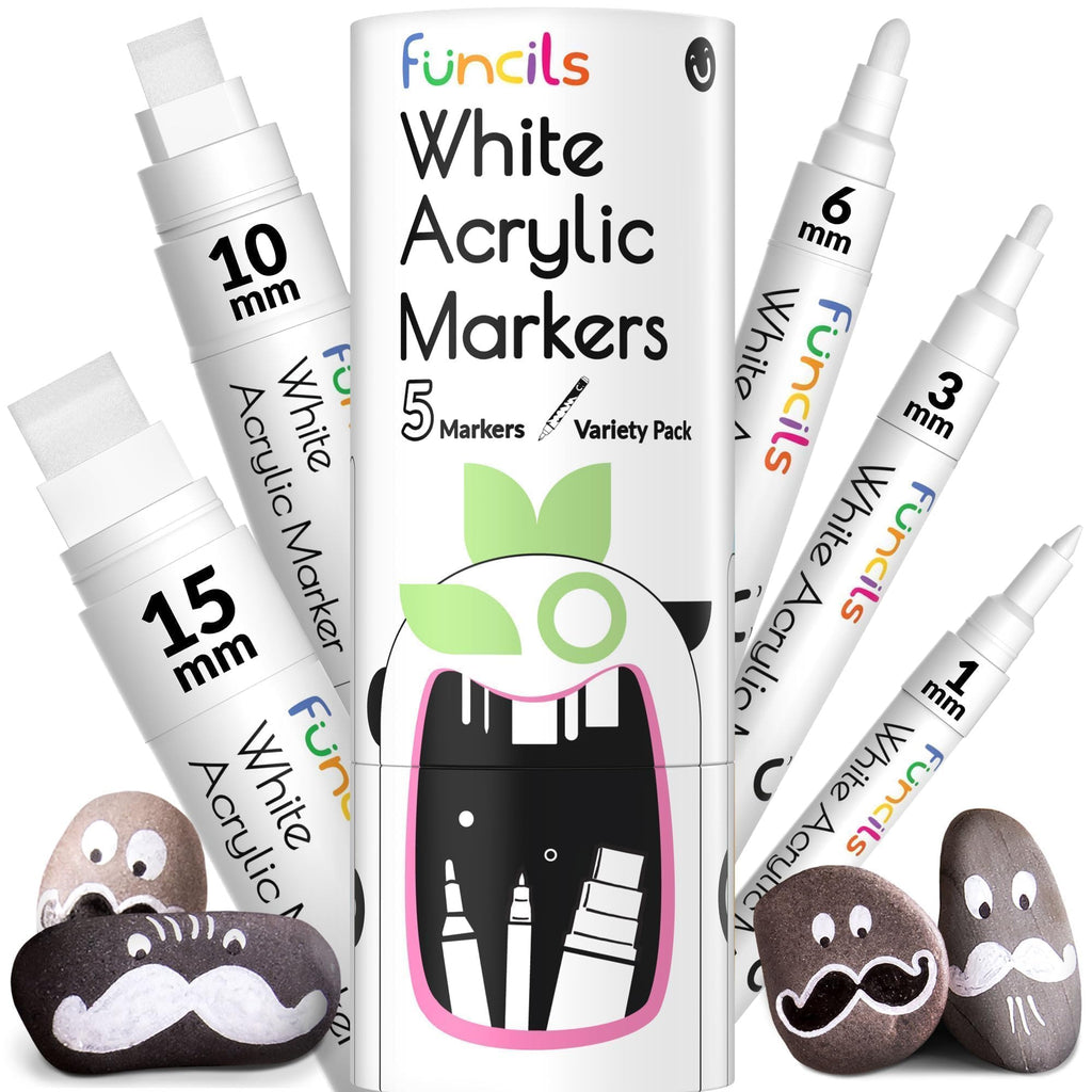 Funcils 5 Acrylic White Paint Pens - Fine & Jumbo Size Ink Pens (1mm, 3mm, 6mm, 10mm, 15mm) - Permanent White Marker Ink for Rock Painting, Fabric, Tire, Metal, Wood, Canvas, Glass, Plastic, Ceramic