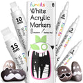 Funcils 5 Acrylic White Paint Pens - Fine & Jumbo Size Ink Pens (1mm, 3mm, 6mm, 10mm, 15mm) - Permanent White Marker Ink for Rock Painting, Fabric, Tire, Metal, Wood, Canvas, Glass, Plastic, Ceramic