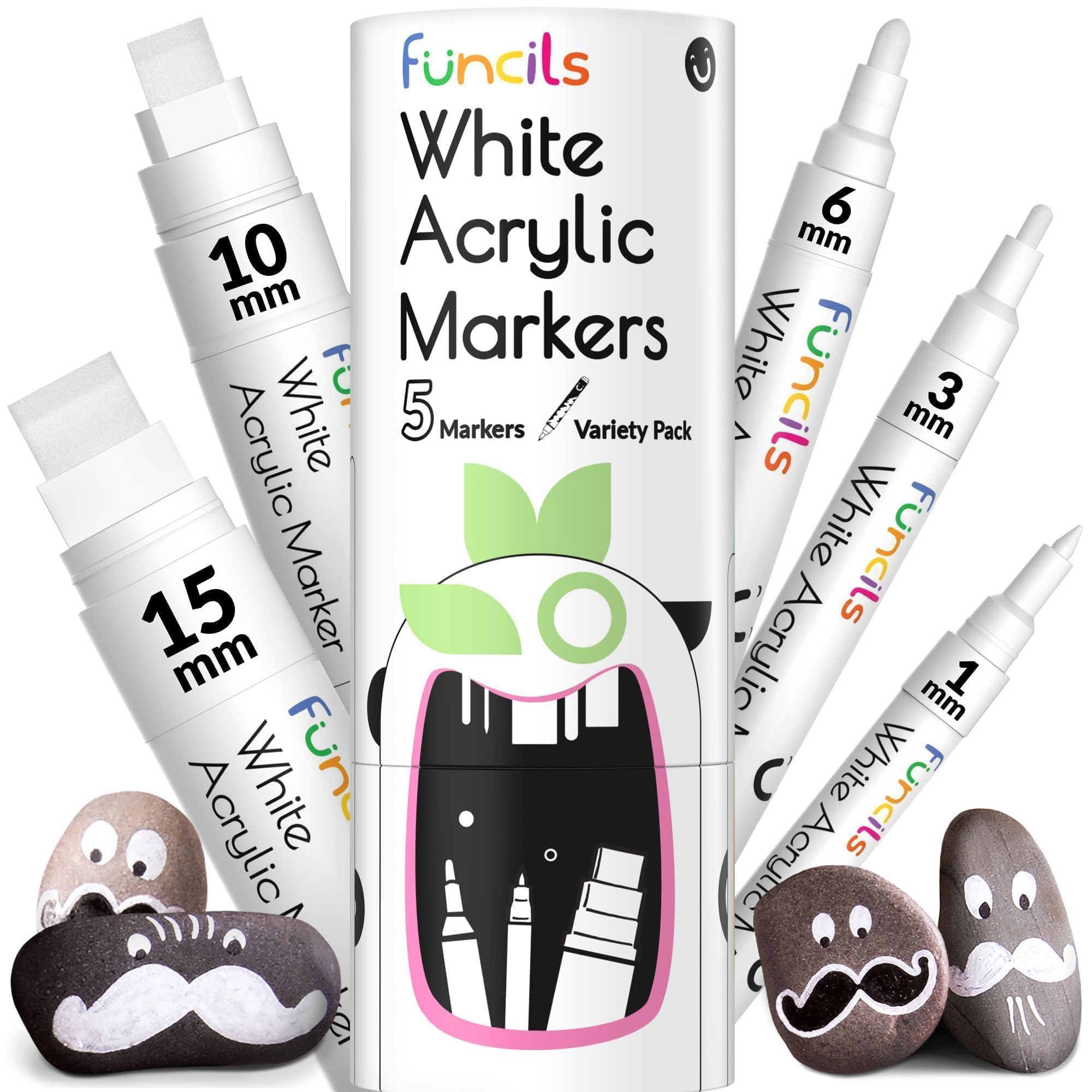 Funcils 5 Acrylic White Paint Pens - Fine & Jumbo Size Ink Pens (1mm, 3mm, 6mm, 10mm, 15mm) - Permanent White Marker Ink for Rock Painting, Fabric, Tire, Metal, Wood, Canvas, Glass, Plastic, Ceramic