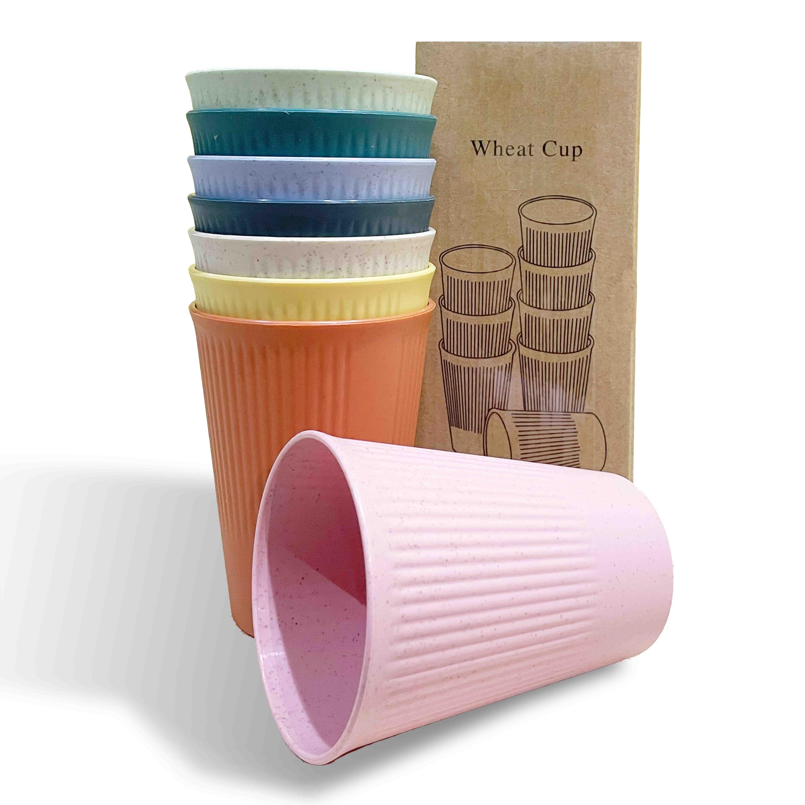 WANBY Wheat Straw Cup Unbreakable and Reusable Drinking Cups Eco-Friendly Healthy Tumbler Set for Milk Juice and Water Dishwasher Safe (8 Pcs 12 Oz)