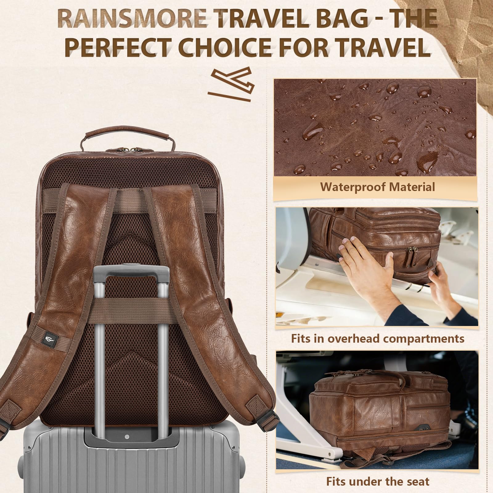 15.6 Inch Travel Laptop Backpack for Men Women, TSA Friendly Waterproof Business Computer Bag with USB Charging Port & Headphone Jack, Vintage PU Leather College School Bookbag for Work