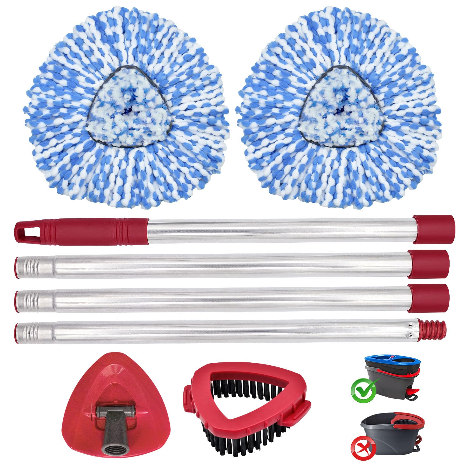 DLAIMI Spin Mop Head Replacement, Base, Mop Handle Replacement for Vileda RinseClean, 2 Microfiber Refills, 4-Section 30-59in Mop Stick, Cover and Scrubber(2-Tank System)