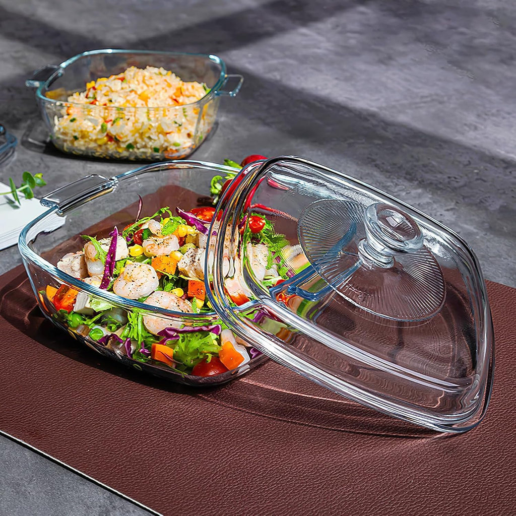 2 Pack Glass Casserole Dish with Lid and Handle Clear Lead-Free Covered Glass Baking Dish Casserole Cookware, Oven and Microwave Safe, for Marinating Baking Cooking (1.5L +1.7L)
