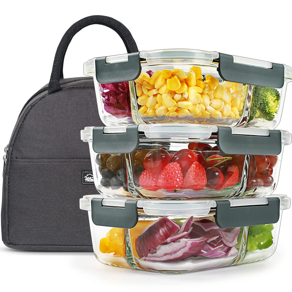 DAS TRUST 3 Pack 36oz Bento Box Glass Meal Prep Containers 3 Compartments Glass Food Storage Containers with Lids Meal Prep Bowls Lunch Box Glass Food Prep Container Lunch Containers for Microwave
