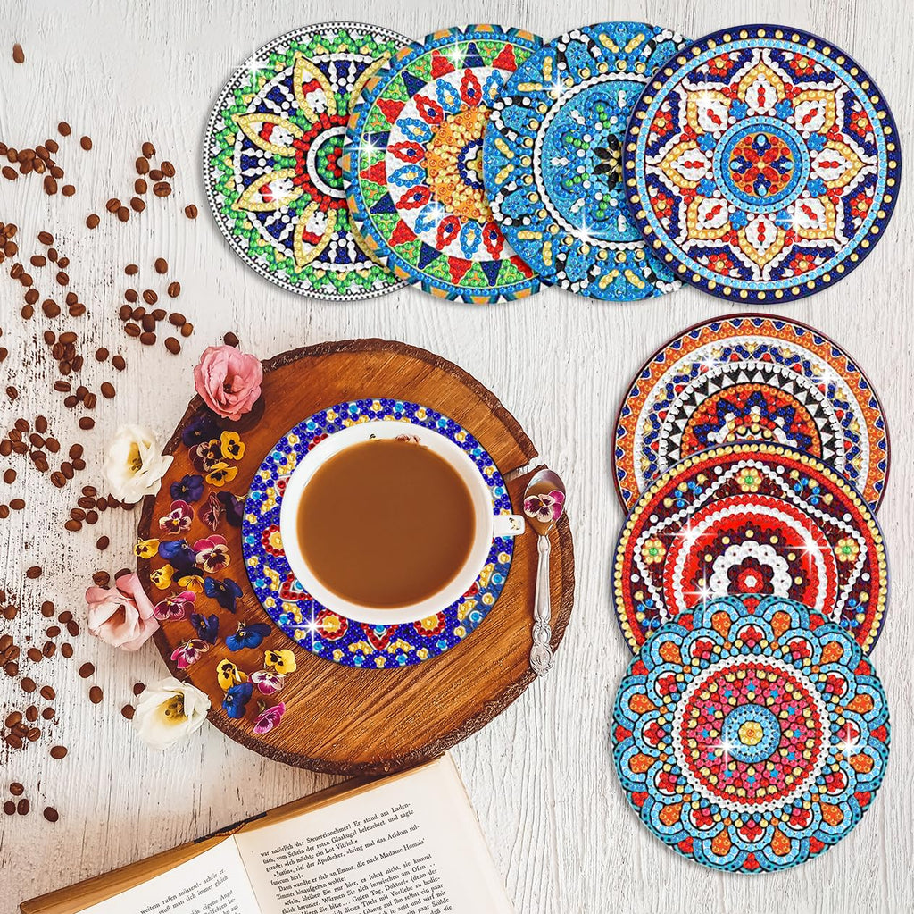 Muzagroo Art Mandala Diamond Painting Coasters with Holder 5D Diamond Art Kits for Beginners Stress-reducing Handicrafts for Adult DIY Coaster Art Craft Supply 8 PCS (Mandala)