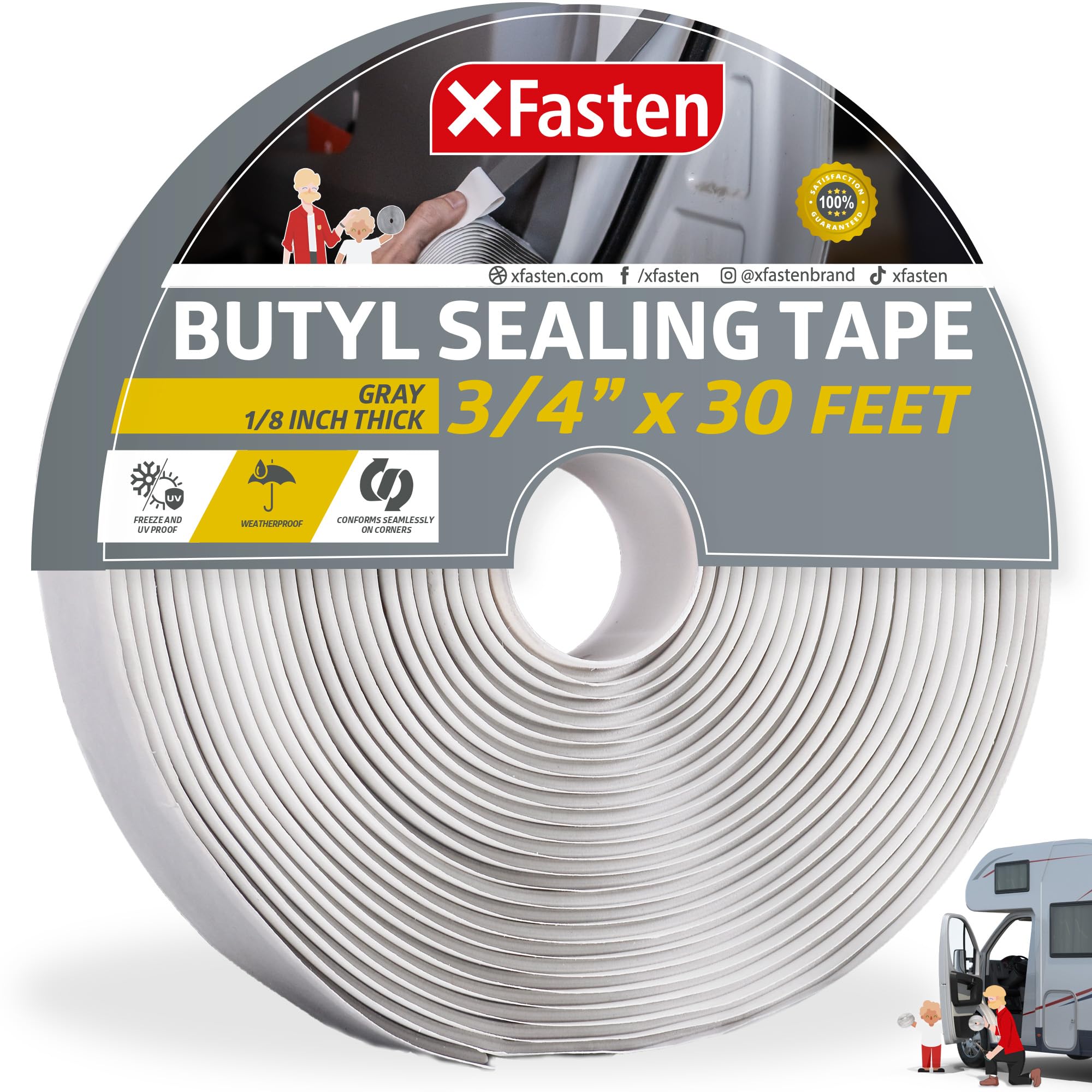 XFasten Butyl Putty Tape, Gray, 1/8-Inch x 3/4-Inch x 30-Foot, Heavy Duty and Leak Proof Rubber Putty Tape for RV Repair, Window, Boat Sealing, Glass and EDPM Rubber Roof Patching