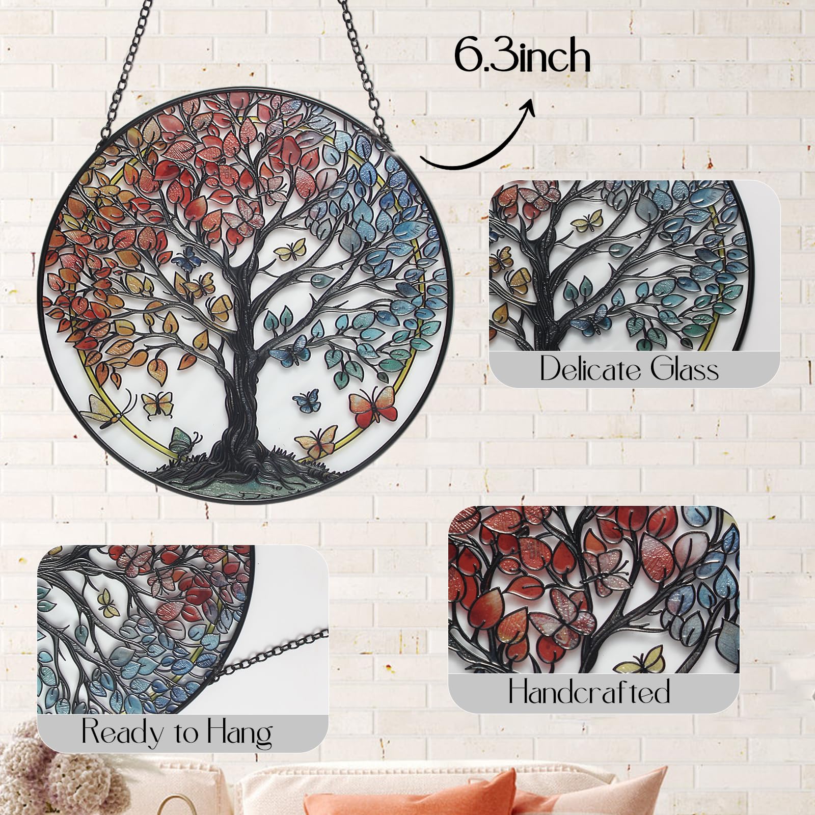 Tree of Life Sun Catcher Suncatcher - Indoor/Outdoor Stained Glass Window Hanging, Handmade Gift for Home Garden Christmas Wedding Housewarming Decor (6.31x6.31 in)
