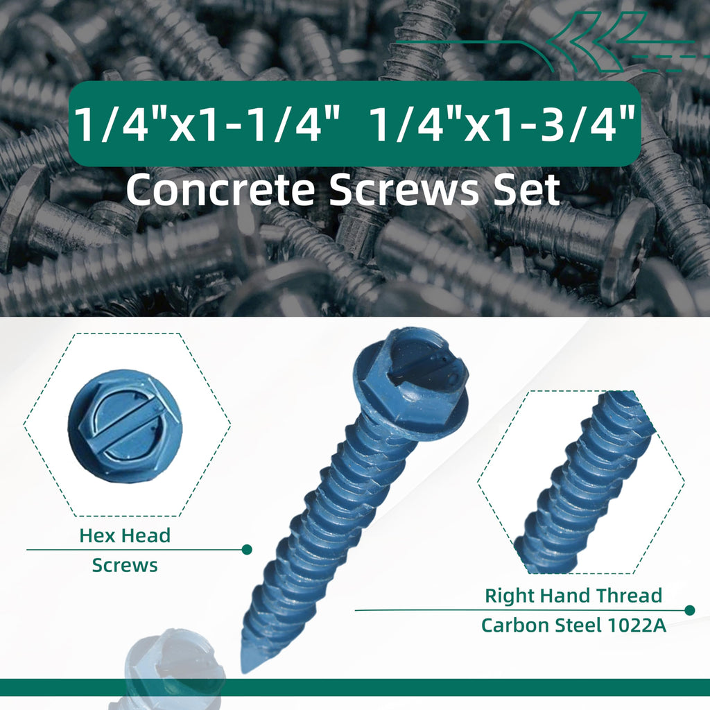 314Pcs Concrete Screws Set,Carbon Steel 1022A Flat & Hex Head Concrete Screws 1/4" x1-1/4 to 2-1/4" and 3/16" x1-1/4 to 2-3/4"Screw Assortment Kit