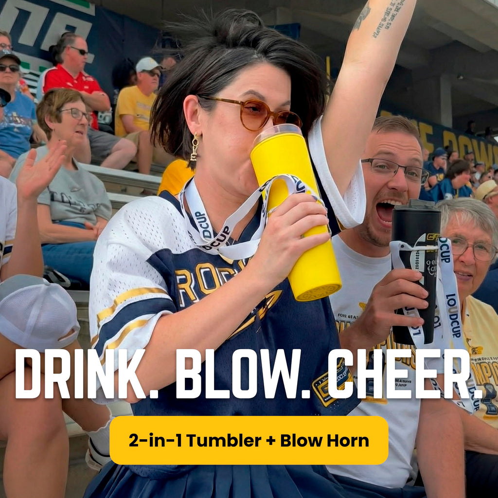 The LoudCup Blow Horn Tumbler, 2-in-1 Cheer & Sip Reusable Water Bottle with Built-In Horn for Sports Games, Tailgates & Parties, BPA-Free, 23 oz, Royal Purple