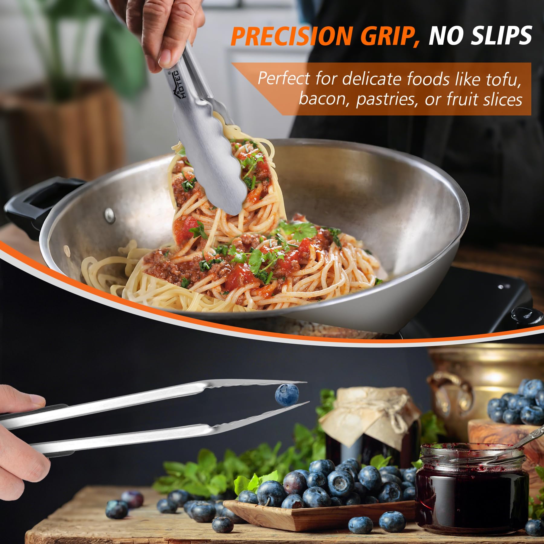 Hotec Stainless Steel Kitchen Tongs Set of 2-9" and 12", Locking Metal Food Tongs Non-Slip Grip
