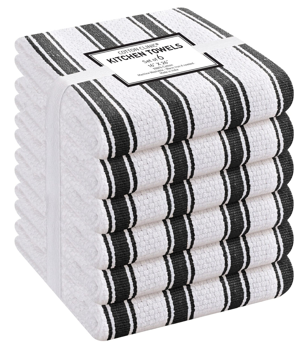Cotton Clinic Set of 6 Vintage Stripe Cotton Kitchen Dish Towels 16x26, Tea Towels and Cleaning Towels, Kitchen Towels with Hanging Loop, Black White