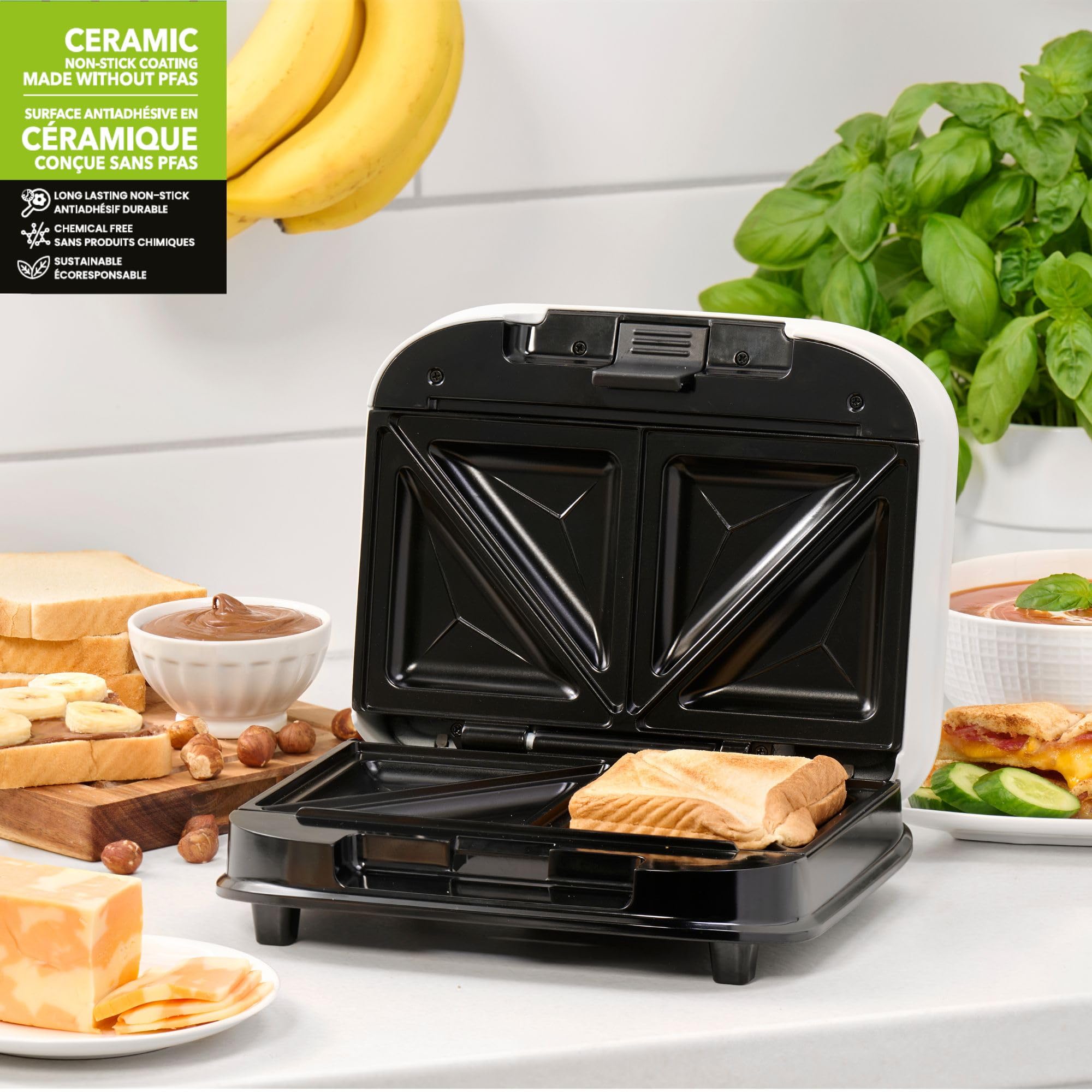 Starfrit Electric Sandwich Maker - Chemical Free Ceramic Non-Stick Surface – 2 Slice & 4 Deep Pockets To Fill – Indicator Light -Cool Touch Handle - 700W – White