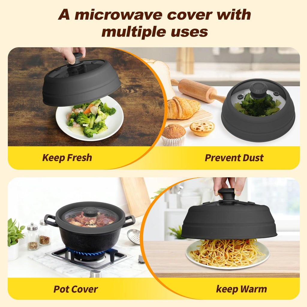 Microwave Splatter cover, Glass Microwave Cover for Food, Guard Lid with Collapsible Silicone for 6-8 inch Plates & Bowls, Dishwasher Safe, Heat Resistant, BPA-Free, 9 inch Black