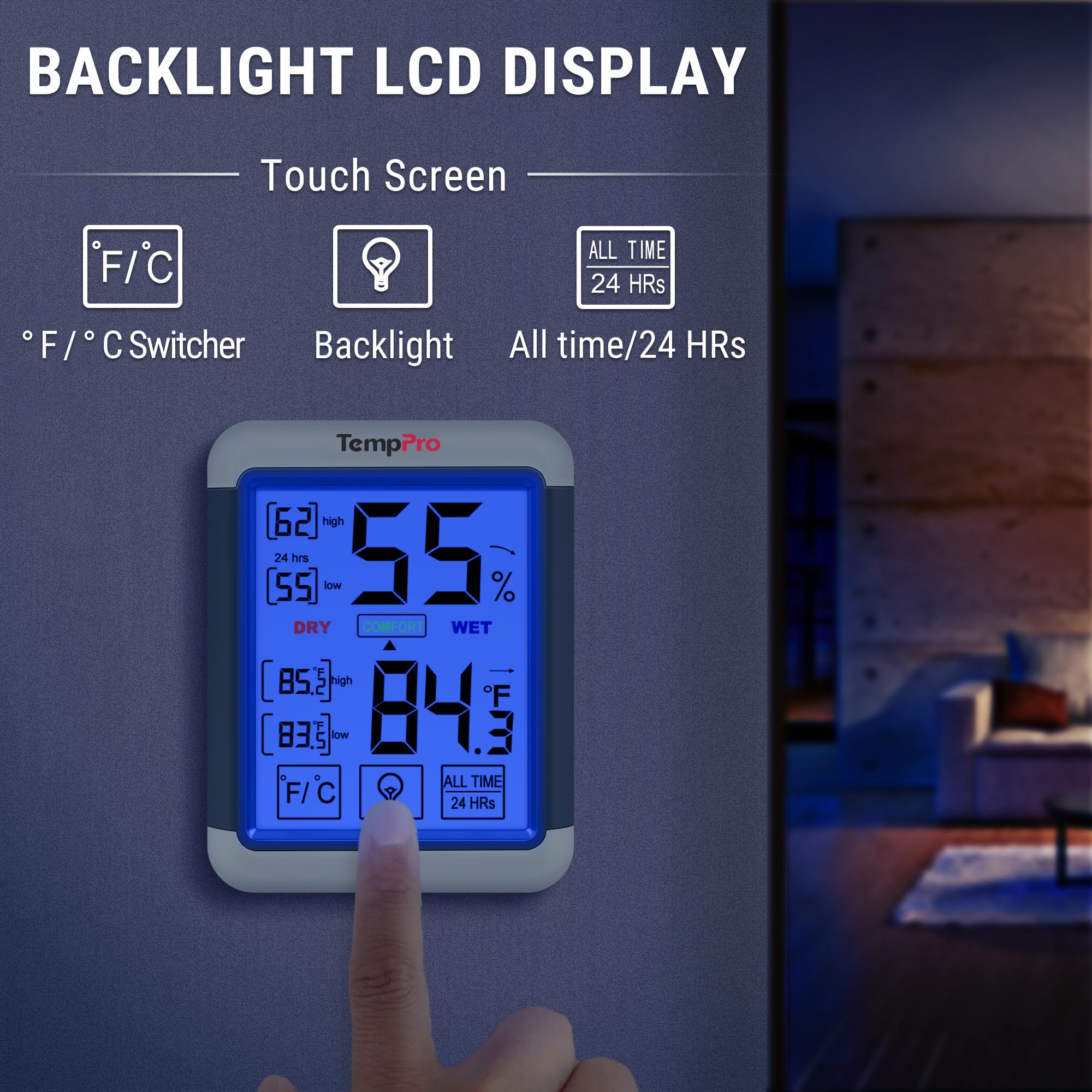 ThermoPro TP55 Digital Hygrometer Indoor Thermometer Humidity Gauge with Jumbo Touchscreen and Backlight Temperature Humidity Monitor