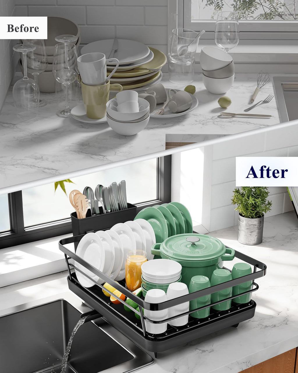 Kitsure Dish Drying Rack - Space-Saving Kitchen Counter Organizer with Cutlery Holder, Over Sink Stainless Steel Dish Rack, 29 x 38cm, Black