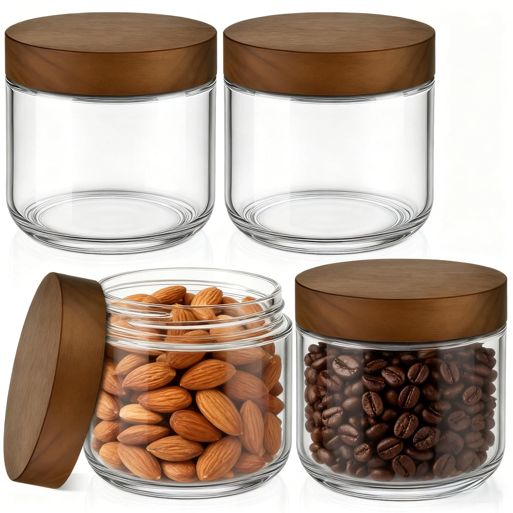 Bumobum 250ml(8oz) Glass Mason Jars with Lids, Small Glass Container with Acacia Wood Airtight Lid, Wide Mouth Canisters for Chia Pudding Meal Prep Parfait Salad Snacks Yogurt Spice, 4-Pack