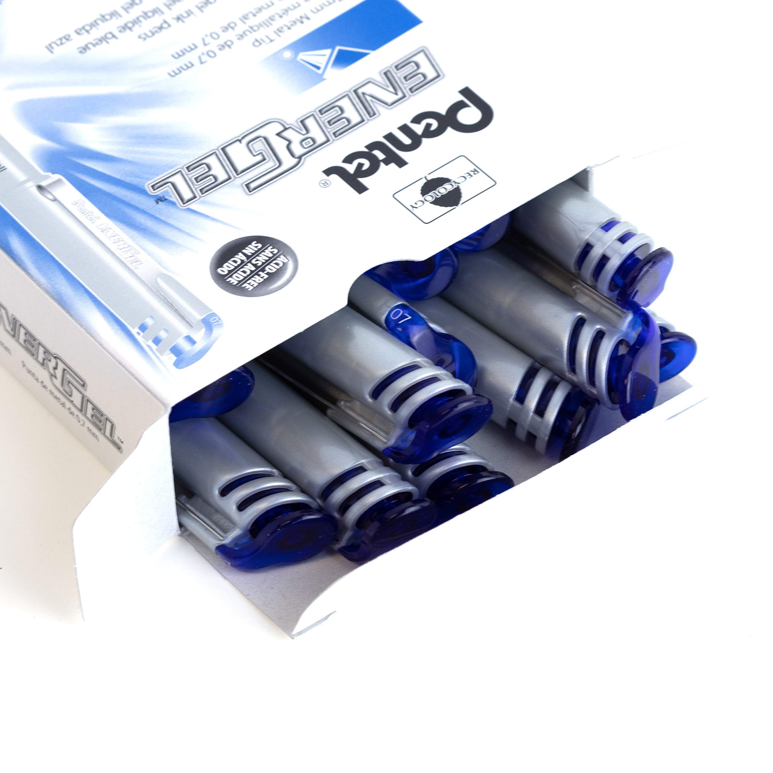 Pentel EnerGel Liquid Gel Rollerball Pen with Cap to Protect Pockets, Everyday Use, Office Supplies, School Supplies, 0.7mm Medium Point, Blue Ink, BL17-C, Box of 12