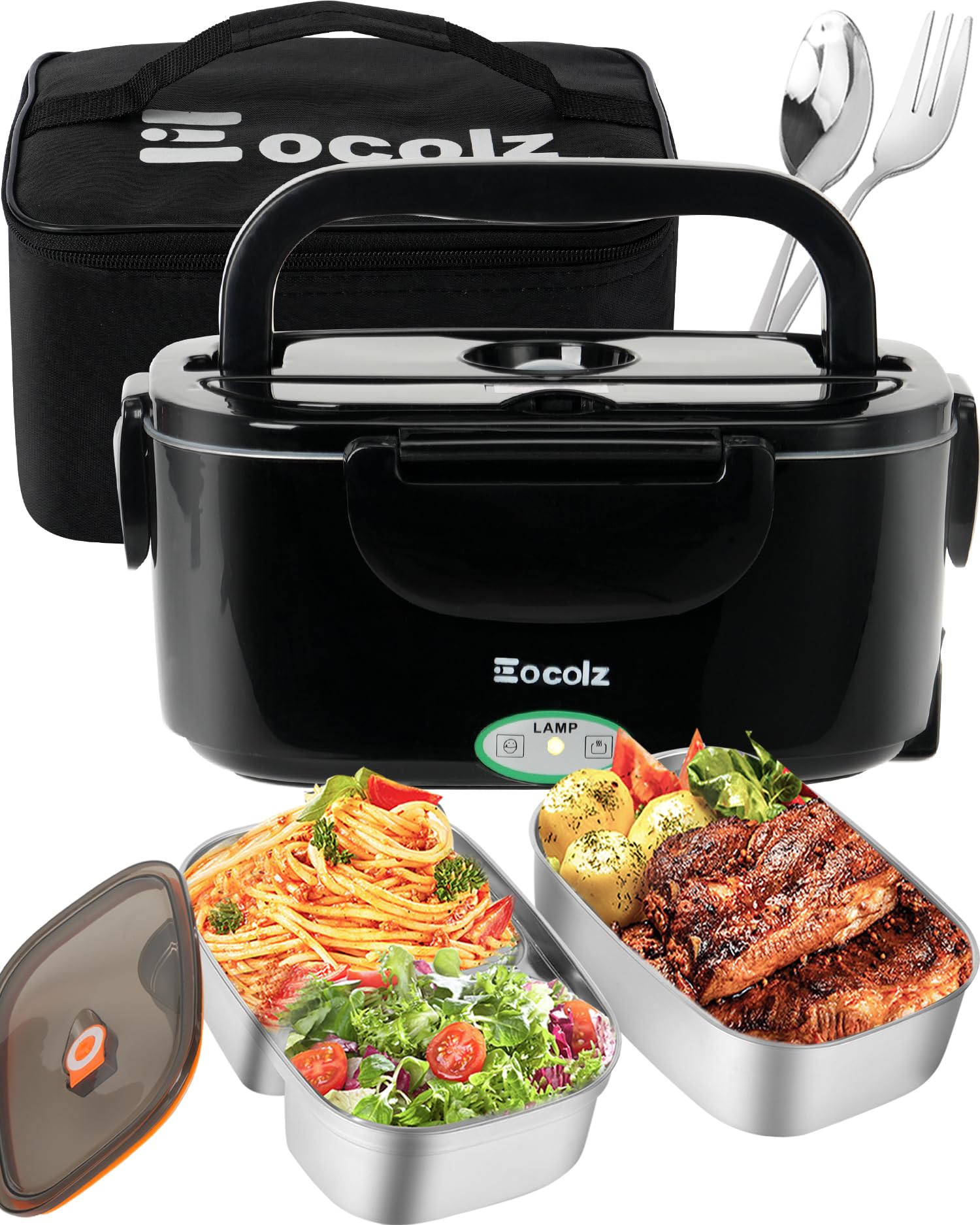 Electric Lunch Box Food Heater - 100W Fast Heating Lunch Box 12V/24V/110-230V Warming Lunchbox, Dual 1.5L Containers, Portable Food Warmer for Car/Truck/Travel, with Spork & Insulated Carry Bag