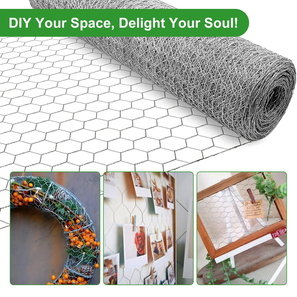 16inX20ft Chicken Wire Fencing Mesh, Heavy Duty Metal Chicken Wire Fence with 50 Ties for Crafts Poultry Gardening Hexagonal Galvanized Hardware Cloth Netting for Chicken Coop Barrier Rabbit Cage