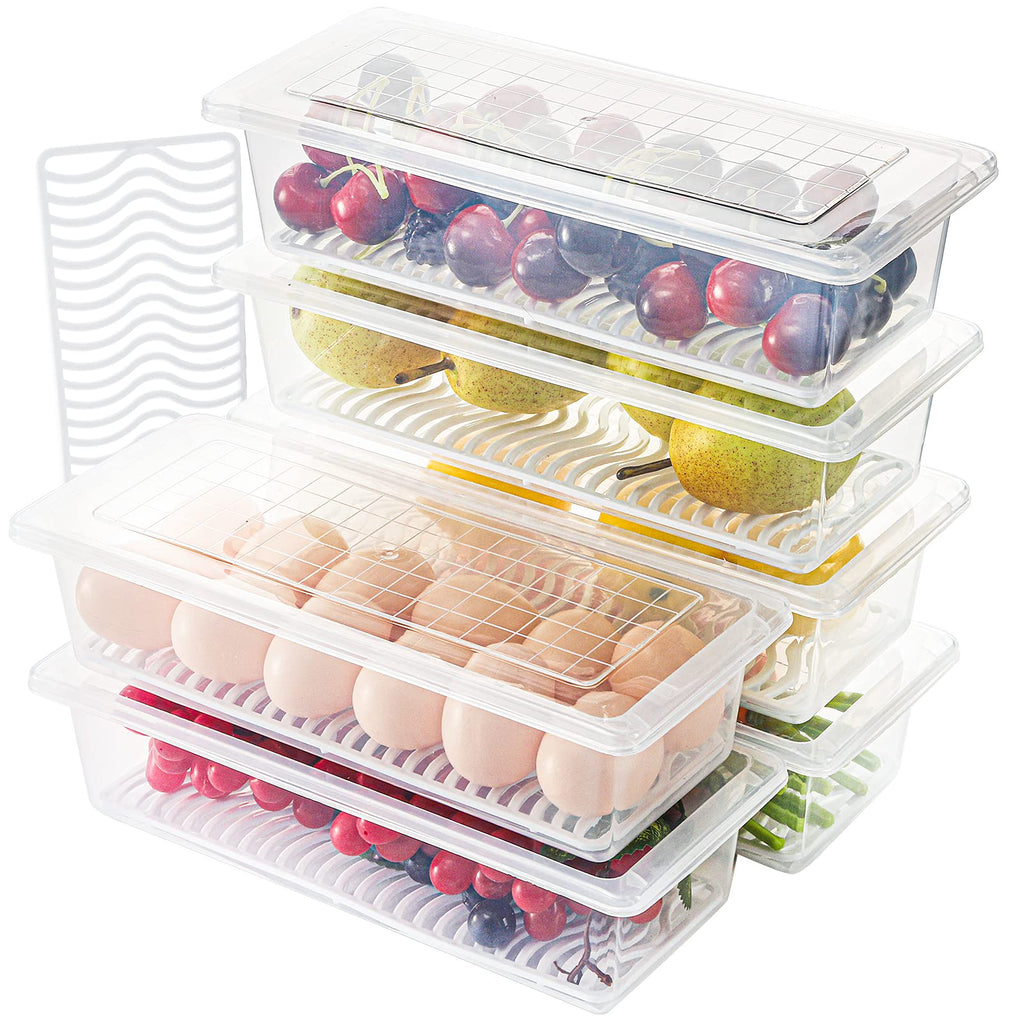 SOUJOY 6 Pack Produce Saver Container, 1.5L Food Storage Containers for Fridge with Lid, Stackable Fruits Storage Keeper with Removable Drain Plate for Vegetables, Meat, Fish Fresh and Dry