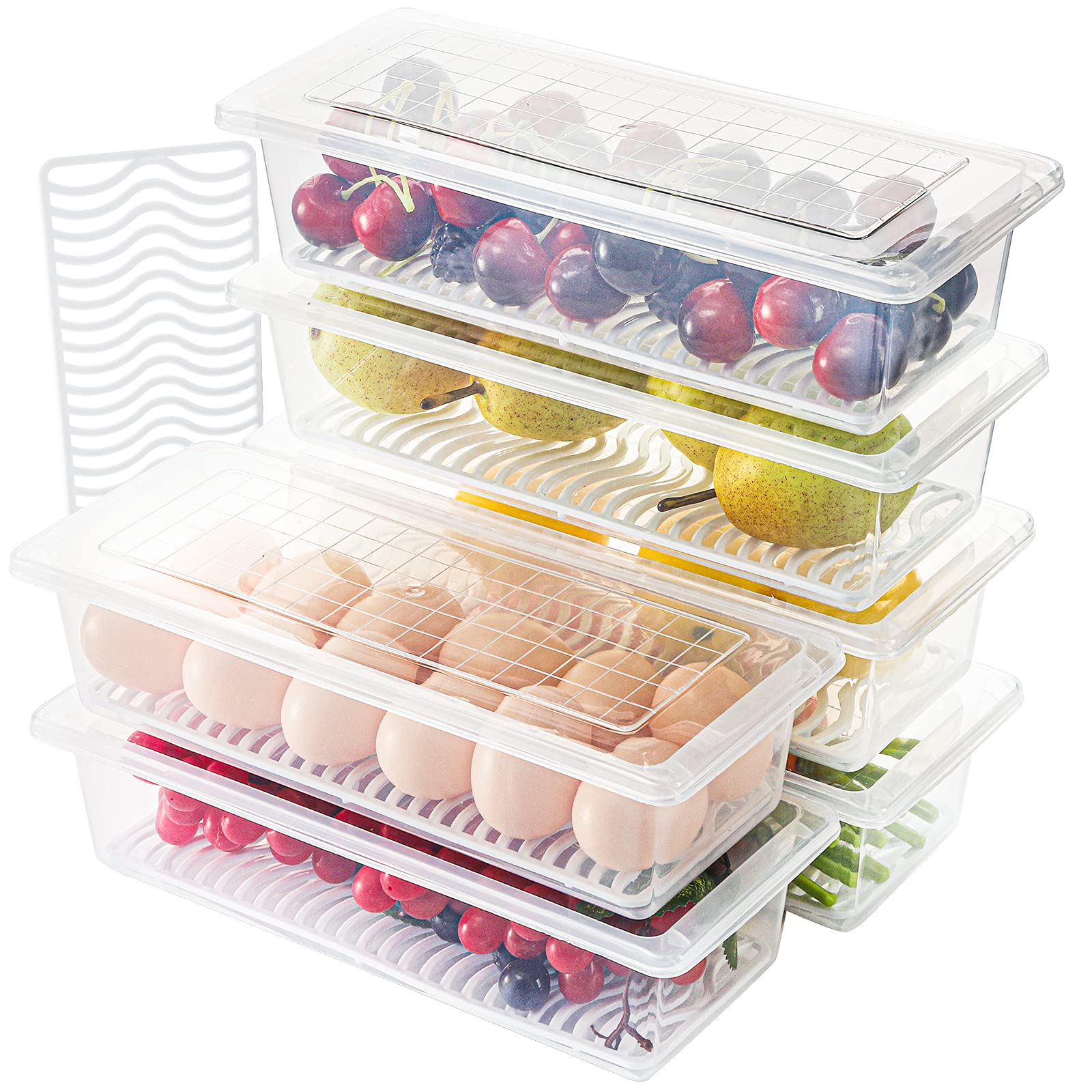 SOUJOY 6 Pack Produce Saver Container, 1.5L Food Storage Containers for Fridge with Lid, Stackable Fruits Storage Keeper with Removable Drain Plate for Vegetables, Meat, Fish Fresh and Dry