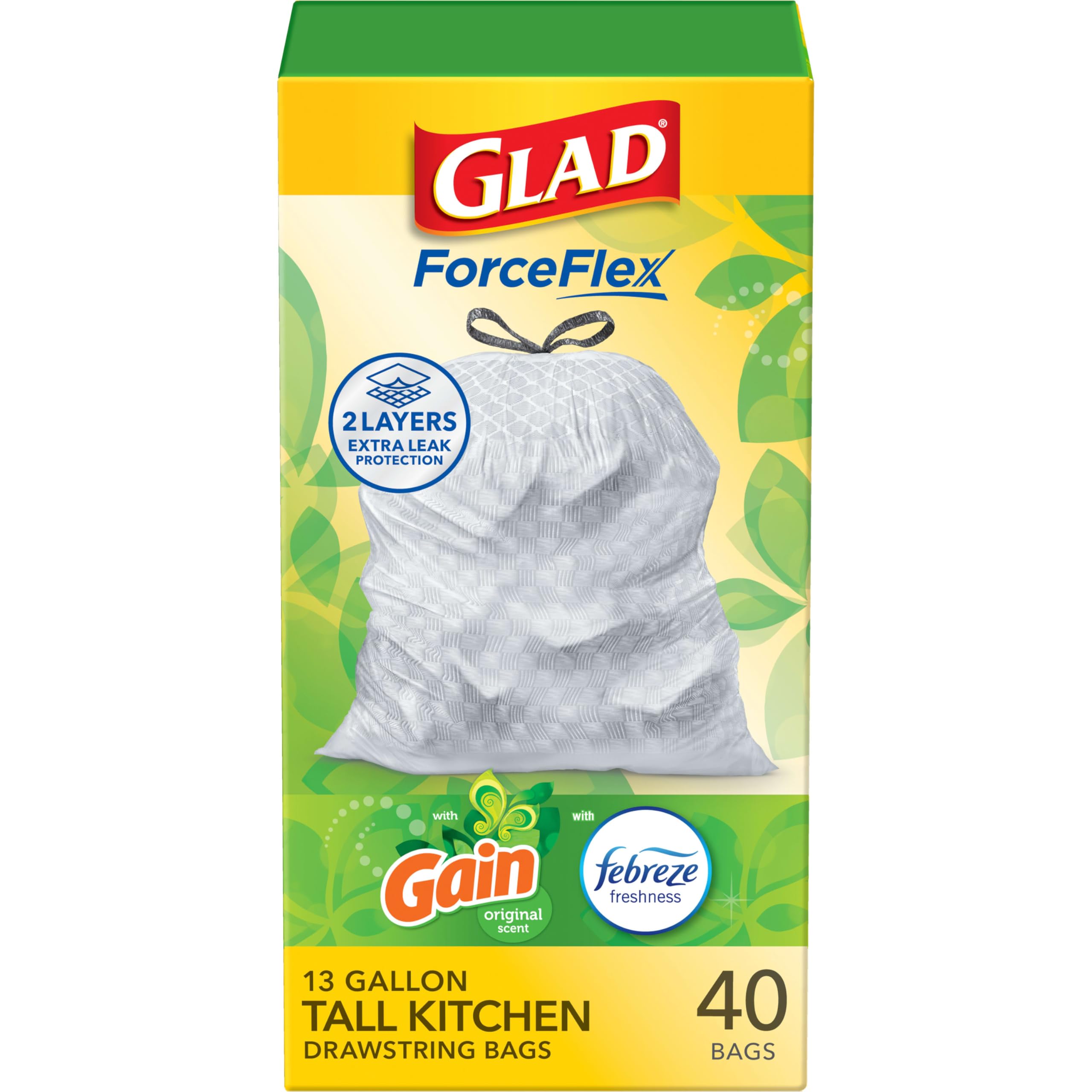 Glad CLOROX Company The 78685 ForceFlex Tall Kitchen Drawstring Bags with Gain Original Scent with Febreze Freshness, 40-Count, 13-gallons