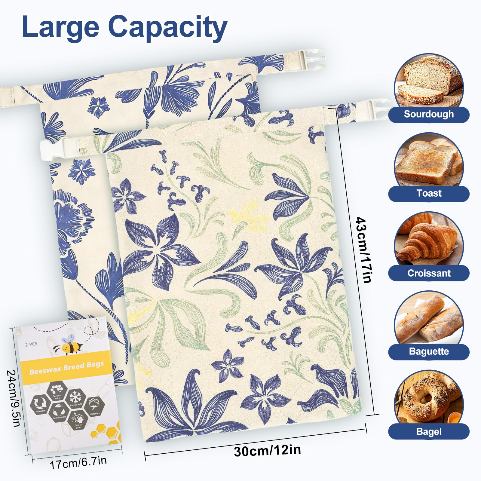 Yoikun Beeswax Bread Bags, 2 Pack Reusable Bread Bag Large – Natural Linen Cotton Food Storage Covers for Sourdough & Homemade Bread, Freezer Safe, Easy to Clean, Eco-Friendly Freshness Keeper