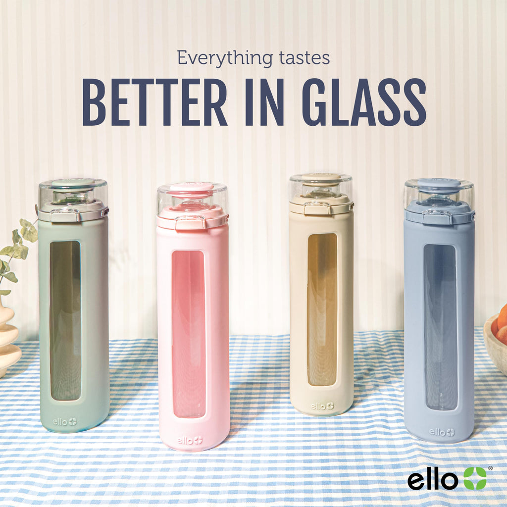 Ello Syndicate 20oz Reusable Glass Water Bottle with One-Touch Leak Proof Flip Lid, Protective Non-Slip Silicone Sleeve, Carry Loop for Coffee, Tea and Water, BPA-free, Dishwasher Safe, Cashmere Pink