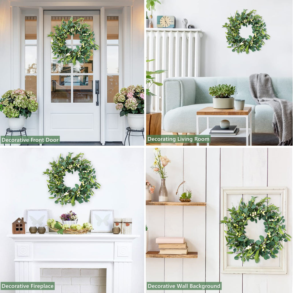 Weldomcor Green Eucalyptus Wreath for Front Door, 20 Inch Artificial Eucalyptus Leaves Wreath with Berries, Spring Summer Greenery Wreath for Indoor Outdoor Wall Window Festival Farmhouse Garden