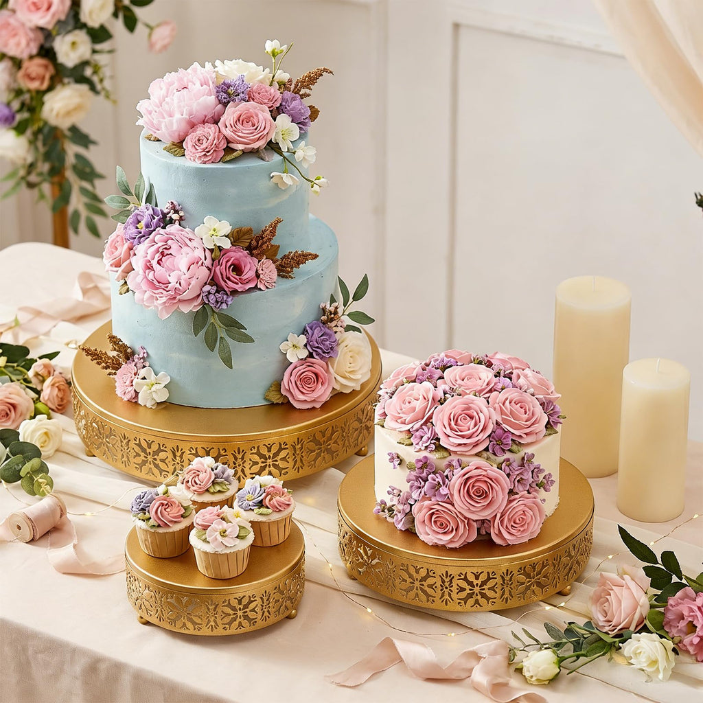 Coloch 3 Pack Golden Cake Stand Set, Round Metal Dessert Display Stand Decorative Cake Holder Cupcake Pastry Candy Display Plate for Wedding, Party, Birthday, Event
