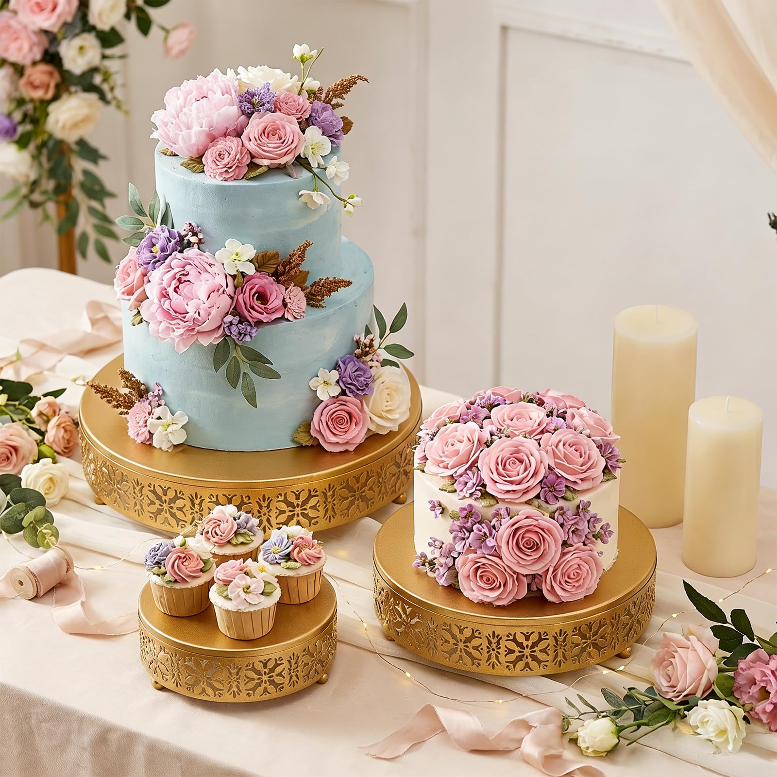 Coloch 3 Pack Golden Cake Stand Set, Round Metal Dessert Display Stand Decorative Cake Holder Cupcake Pastry Candy Display Plate for Wedding, Party, Birthday, Event