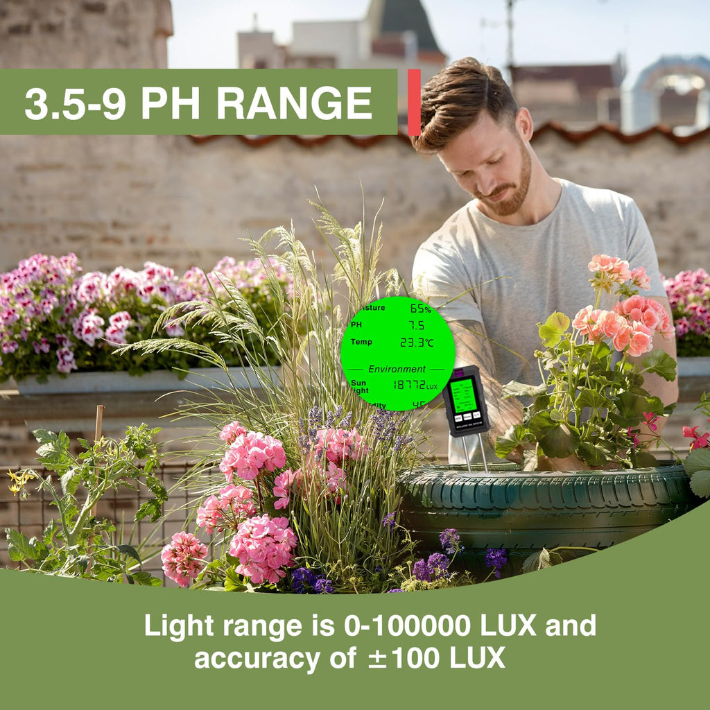 LSENLTY 6-in-1 Soil Moisture Meter Digital Plant Fertility/Moisture/PH/Temp/Sunlight/Humidity Backlight LCD Display Soil Test Meter for Gardening, Farming and Outdoor Plants
