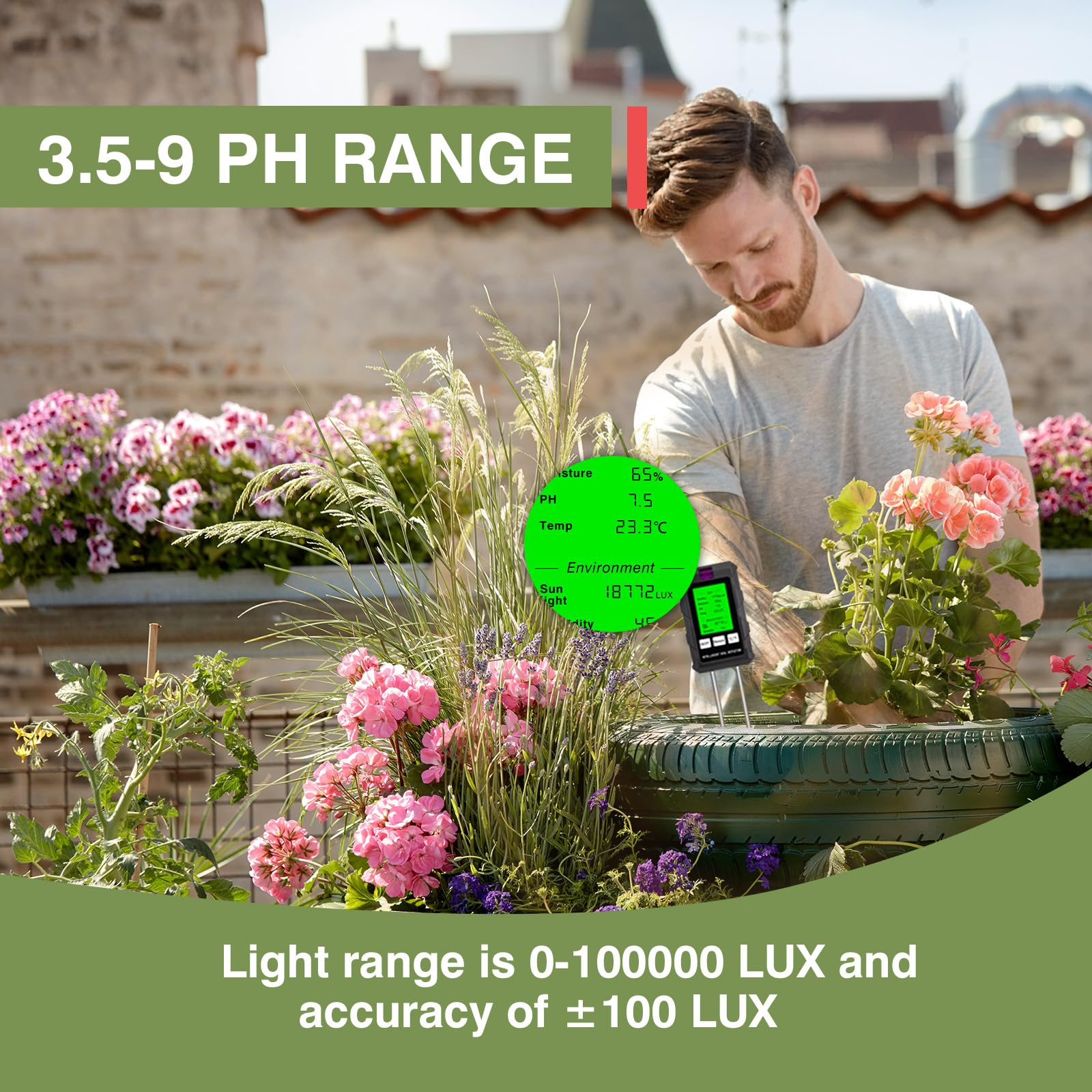 LSENLTY 6-in-1 Soil Moisture Meter Digital Plant Fertility/Moisture/PH/Temp/Sunlight/Humidity Backlight LCD Display Soil Test Meter for Gardening, Farming and Outdoor Plants