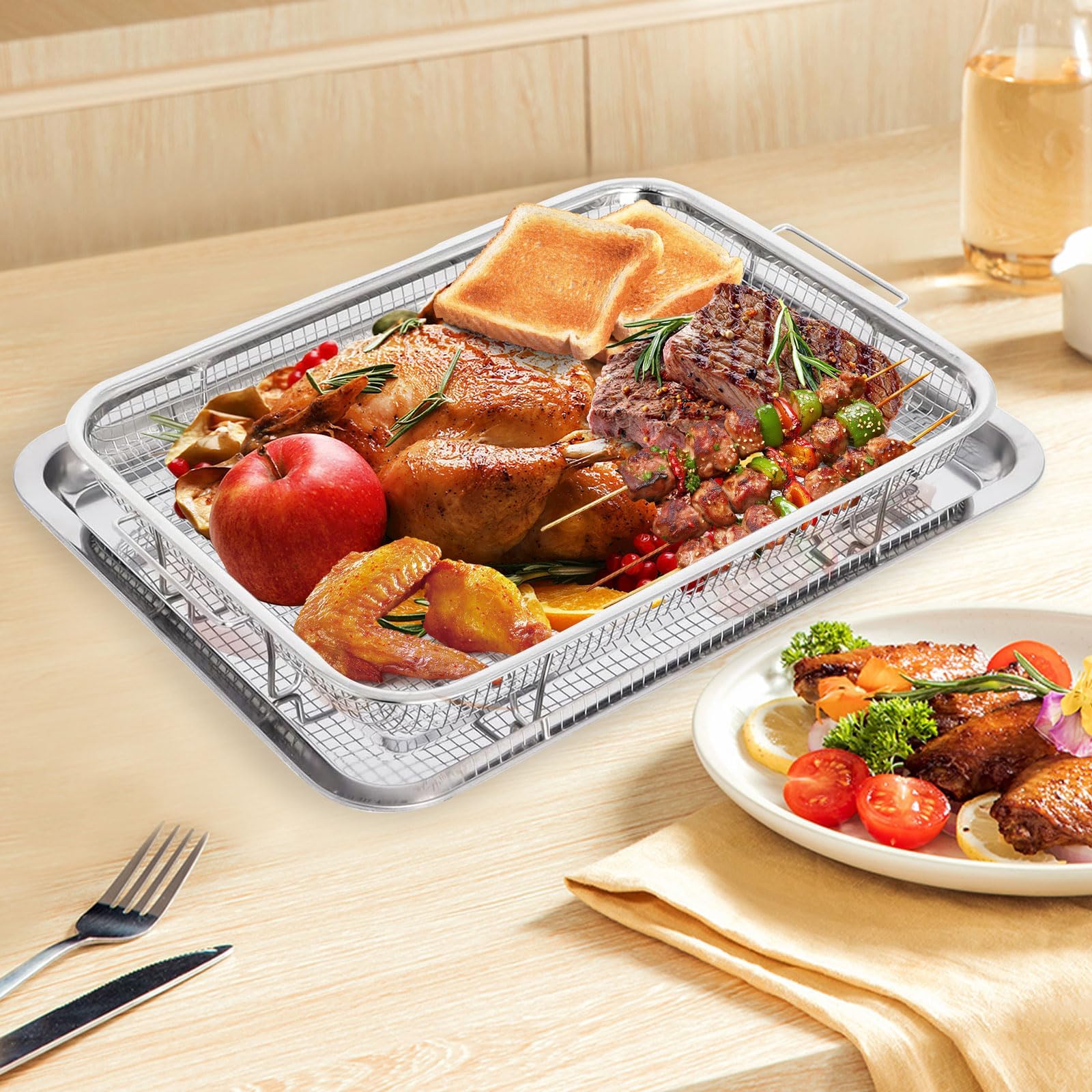 Krzaw Large Air Fryer Basket for Oven with 30 PCS Parchment Paper, Non-Stick Stainless Steel Crisper Tray and Pan Set for Baking Grilling Fries Bacon Chicken (15.6"X11.6")