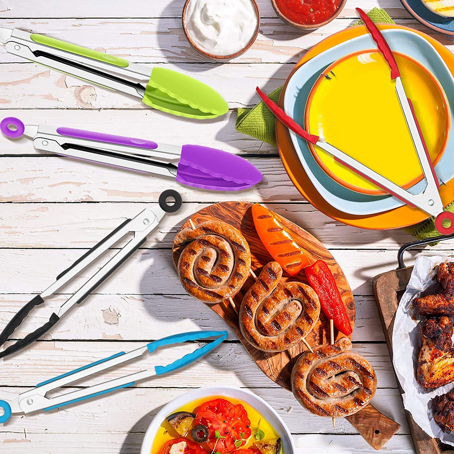 5 Pack 7 Inch Kitchen Tongs, Stainless Steel Cooking Tongs, Small Colored Non-Stick Food Serving Tongs with Silicone Tips for Salad BBQ Grilling Frying Cooking (5 Colors)
