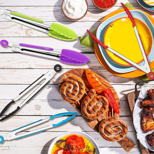 5 Pack 7 Inch Kitchen Tongs, Stainless Steel Cooking Tongs, Small Colored Non-Stick Food Serving Tongs with Silicone Tips for Salad BBQ Grilling Frying Cooking (5 Colors)