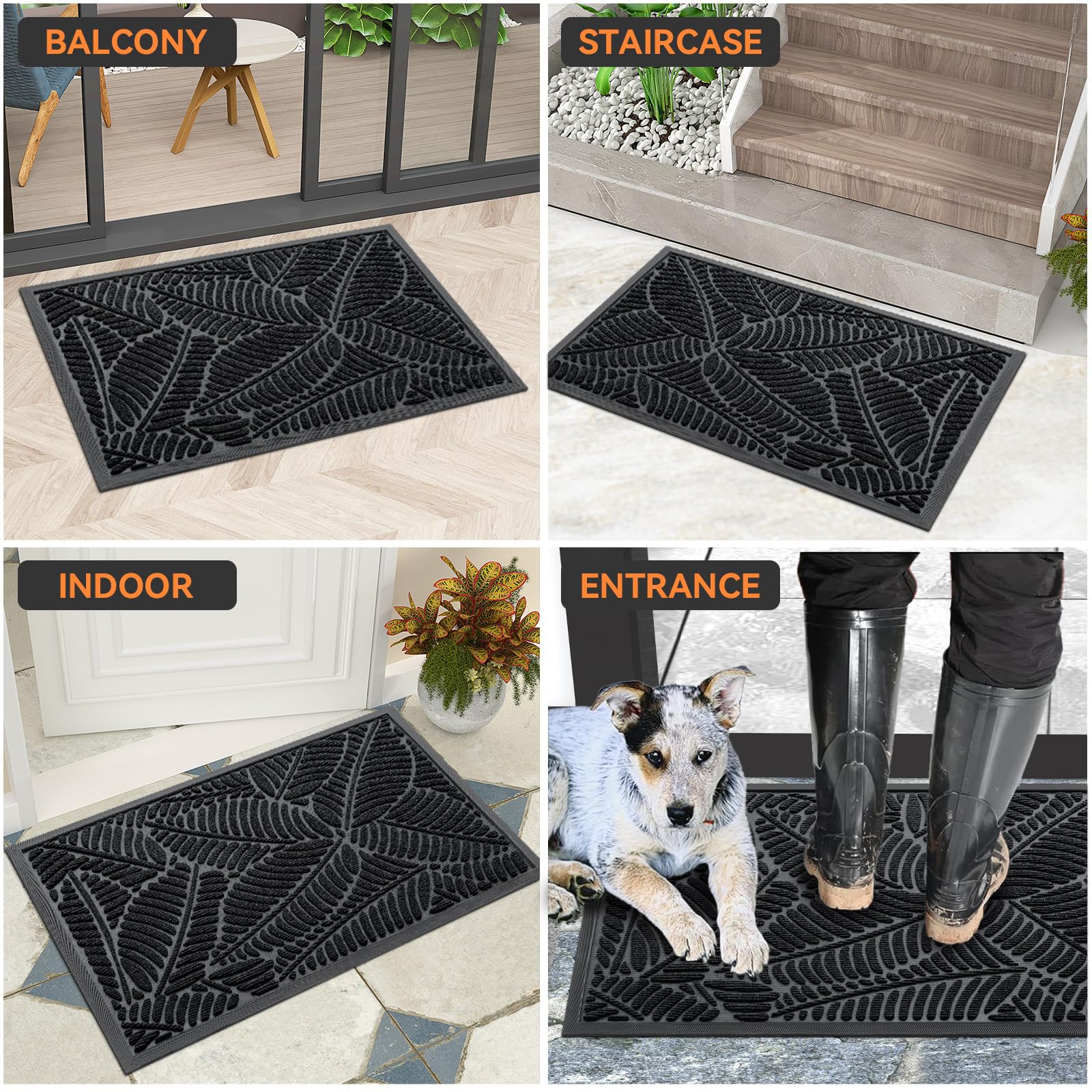 Grandaily Front Door Mat Indoor Outdoor Waterproof Doormat, Non Slip Natural Rubber Welcome Mat, Heavy Duty Durable Super Absorbent Entryway Rugs, 30"x17", Black