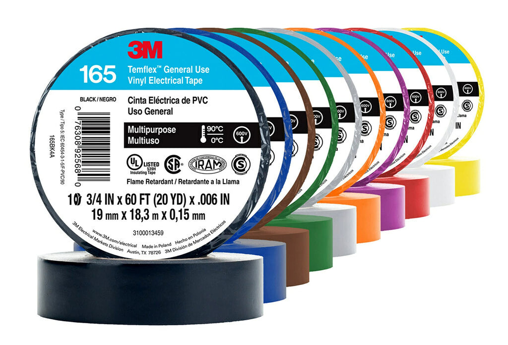 3M Temflex 165, Vinyl Colour Coding Electrical Tape, White, 3/4in x 60ft, 10 Rolls