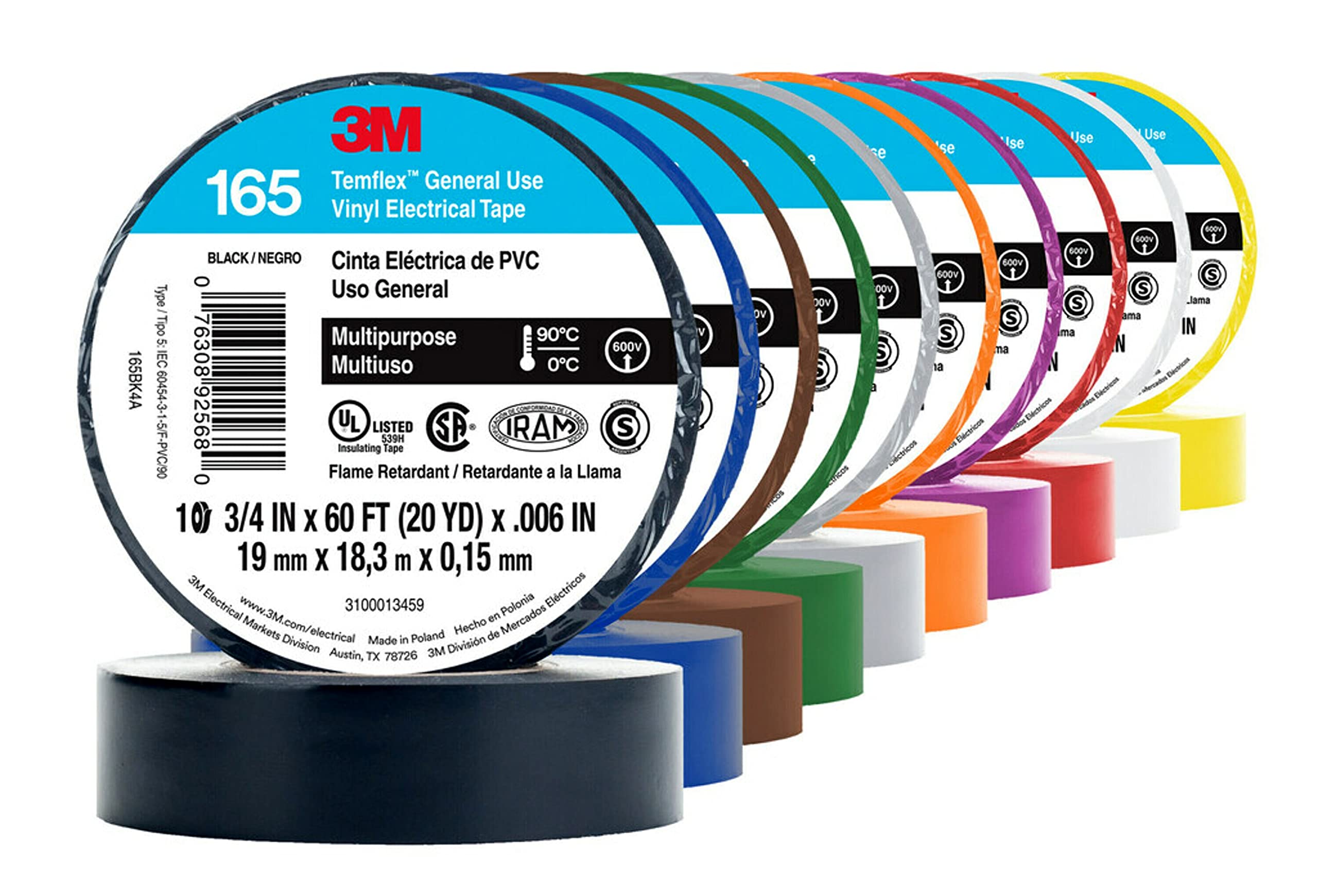 3M Temflex 165, Vinyl Colour Coding Electrical Tape, White, 3/4in x 60ft, 10 Rolls