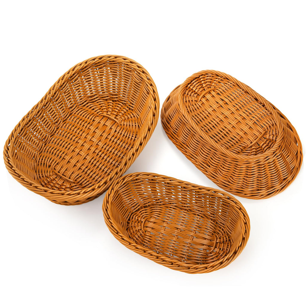 Yarlung 3 Pack Woven Breads Baskets, Oval Small Fruit Baskets Stackable Plastic Wicker Baskets for Serving Vegetables, Kitchen, Restaurant, Outdoor, Imitation Rattan Brown, 3 Sizes